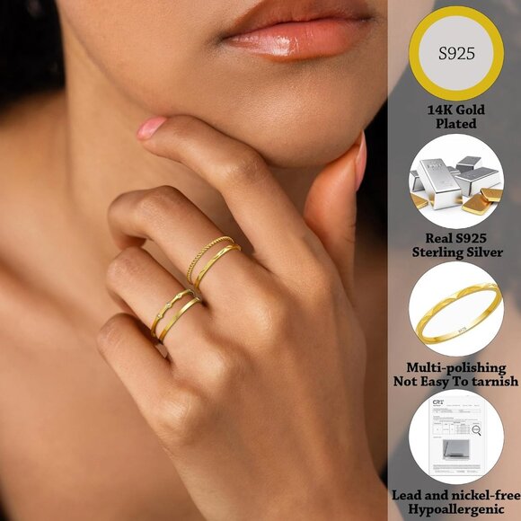 4PC S925 Sterling Silver Rings for Women, 14k Gold Filled Plated Stackable Thin - Picture 2 of 7